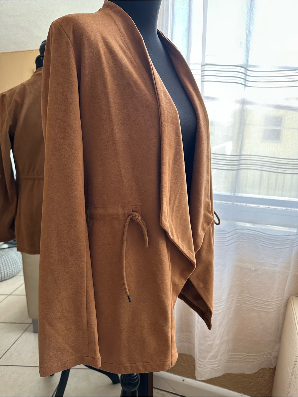 Thread + Supply Camel Faux Suede Open Front Jacket Cardigan Size Small - Picture 9 of 14